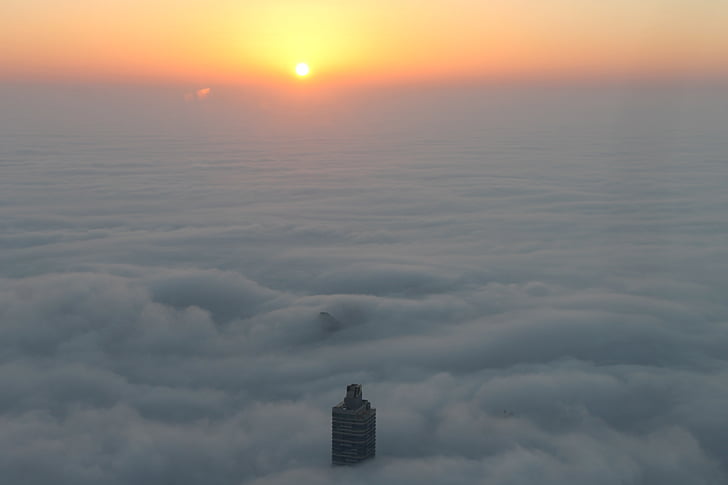 paysage urbain, brouillard, Dubai, lever du soleil, Burj, Émirats Arabes Unis