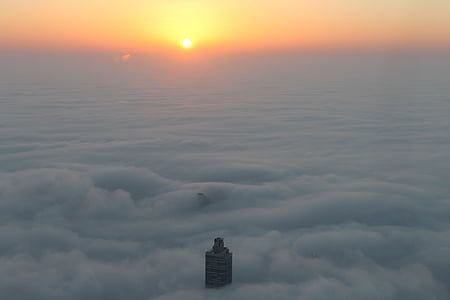Panoráma města, mlha, Dubaj, východ slunce, Burj, Spojené arabské emiráty