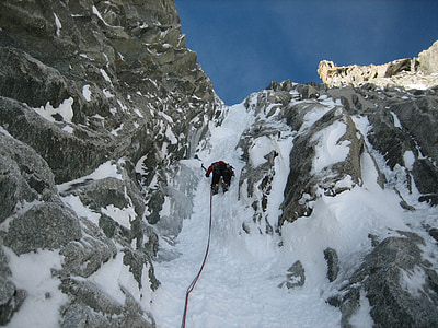 icy channel, ice climbing, mont blanc du tacul, chamonix, alpine, snow, mountains