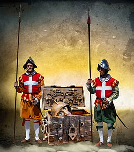 chest, box, treasure chest, middle ages, head, guard, soldiers