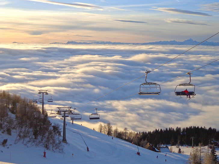 Slovenija, Krvavec, ski, brouillard, piste, coucher de soleil, nuages