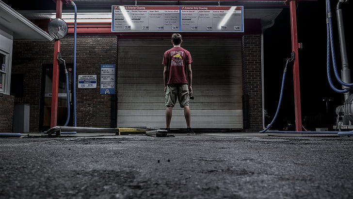 alone, car wash, man, night, person, standing