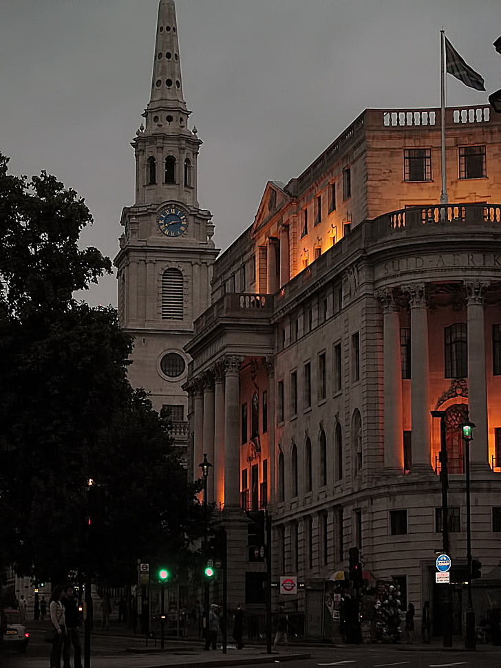 épület, templom, este, fények, London