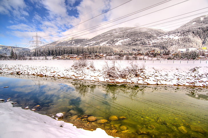 reka, Avstrija, pozimi, HDR, hladno, sneg, gorskih