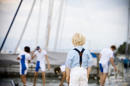 otrok, pristanišča, vodni športi, fant, blond, premikanje, ladja