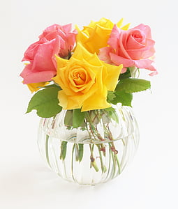 crystal vase, flowers, roses, pink, yellow, blossom, bloom