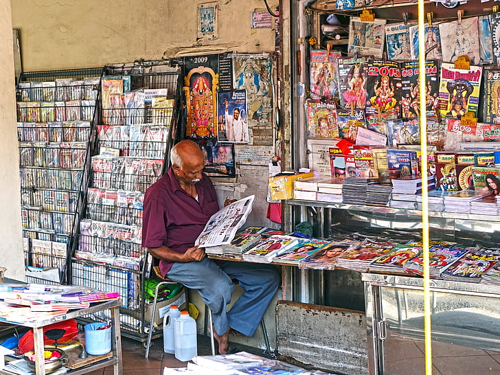 Shop, dodávateľa, časopis, muž, Singapur, India, Indický