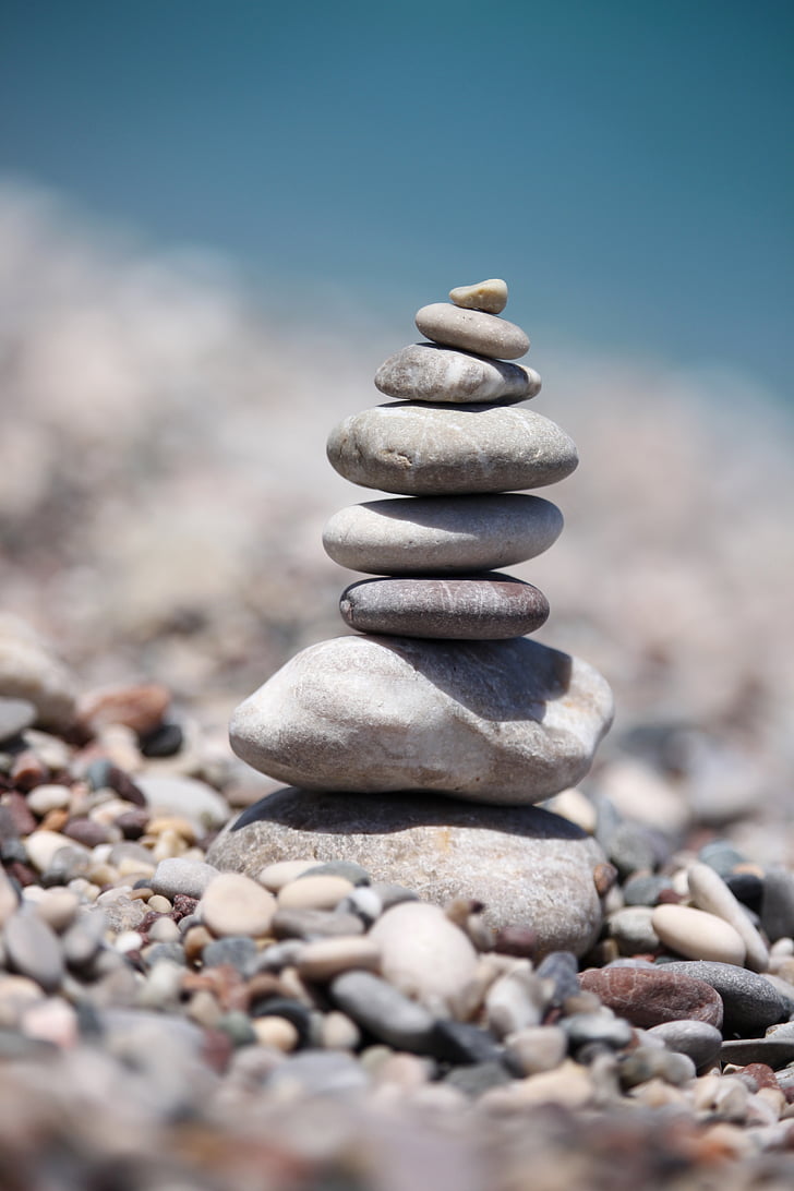 Balancing, stenen, strand, gestapeld, zee, zomer, steen