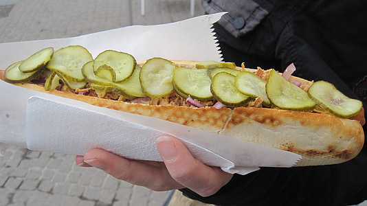 sandwich, baguette, hotdog, lang, roll, brød, besat