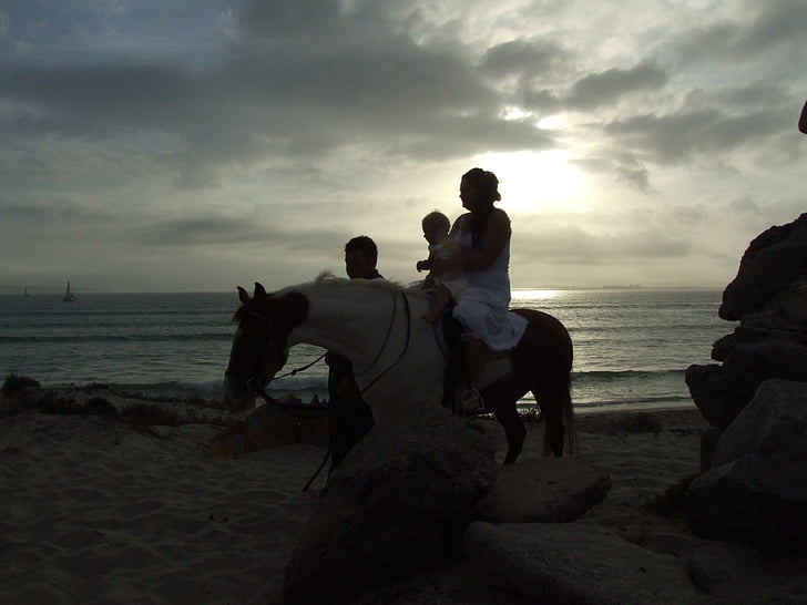 at, günbatımı, gökyüzü, siluet, Aile, at sırtında, akşam