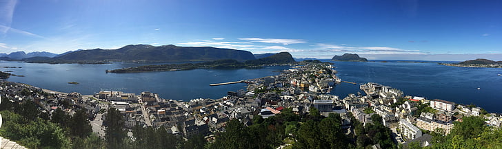Alesund, laut, Norwegia, Panorama, pemandangan, pancityscape, cakrawala
