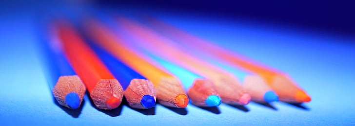 cores, lápis, arte, materiais, azul, vermelho, laranja