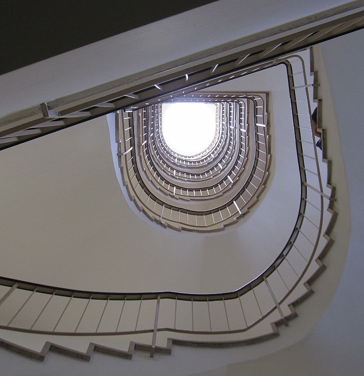 staircase, railing, stairs, architecture, perspective, below, rise