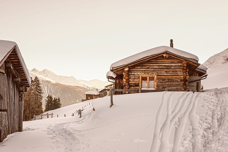 switzerland, winter, snow, mountains, log cabin, cottage, house