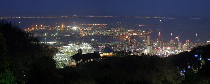 Kobe, natt, Vis, Japan, bybildet, lys, skyline