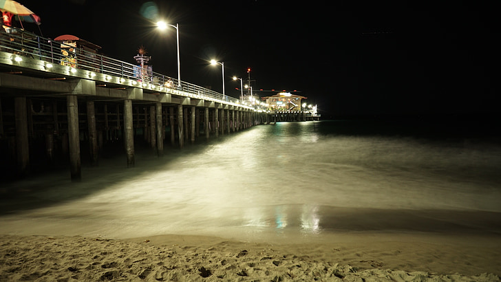 Pier, strand, zand, water, oever, nacht, avond
