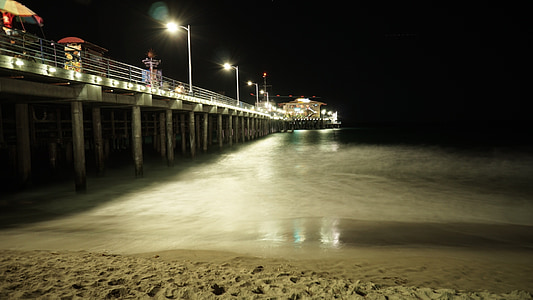 Pier, Beach, sand, vand, Shore, nat, aften