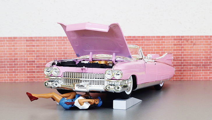 model car, cadillac, cadillac eldorado, mechanic, workshop, pink, auto