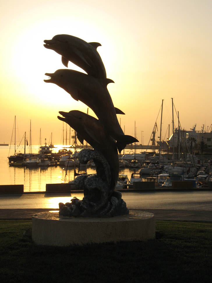 heraklion, port, island of crete, dolphins, sunrise, sculpture, venetian port