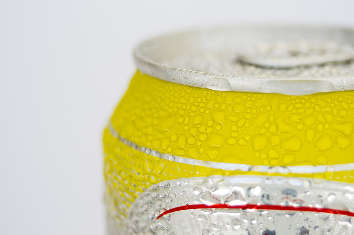 beer, can, cold, drink, lemon, white background, close-up