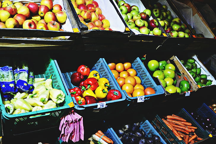 Zavřít, Foto, zelenina, ovoce, košíky, trh, jídlo