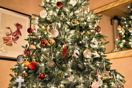 vert, arbre, assortiment de, décors, Christmas, lumières, décorations