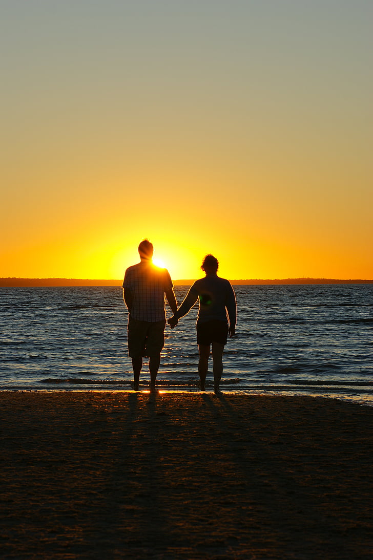zachód słońca, para, trzymając ręce, miłość, małżeństwo, miesiąc miodowy, wakacje