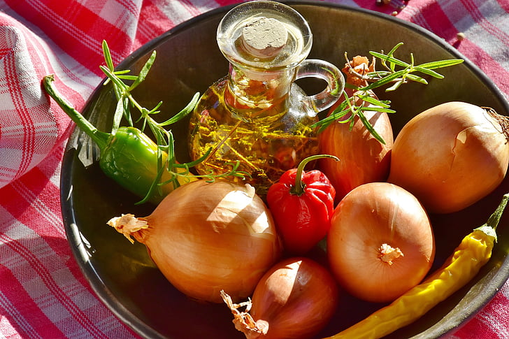 oignon, pepperoni, huile, thym, cuisine, fines herbes, vitamines