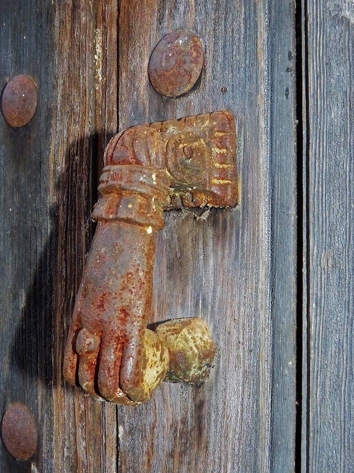 Passepartout, mão, porta velha, madeira, ferro