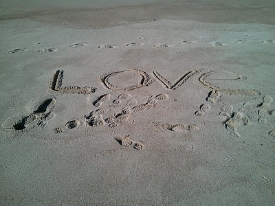 Любов, пясък, думата, писане, плаж, Свети Валентин, океан