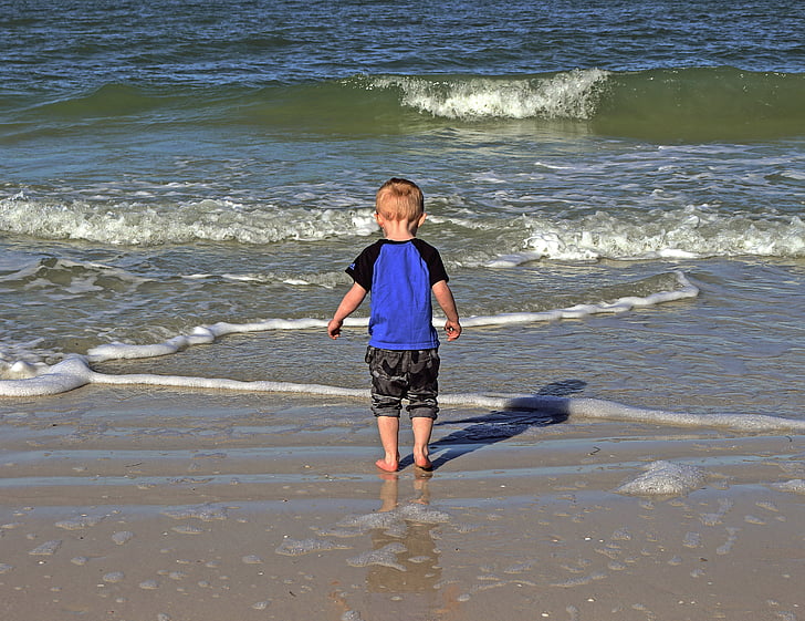 дитина, пляж, берег, мокрі ноги, хвилі, Відкрите повітря, Природа