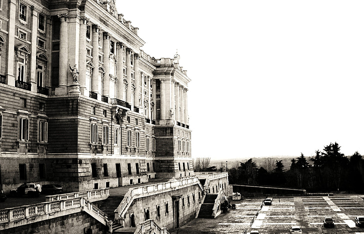 madrid, royal palace, palace, tourism, architecture, black and white, facade