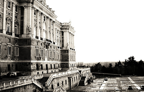 Madryt, Pałac Królewski, Pałac, Turystyka, Architektura, czarno-białe, fasada