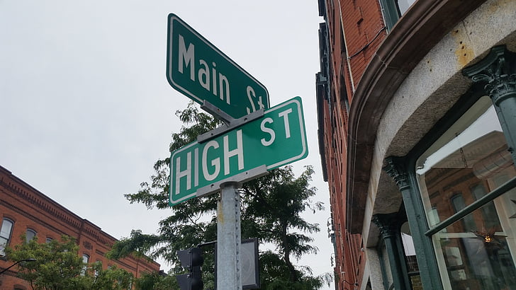 high, main, street, corner, intersection, road, sign