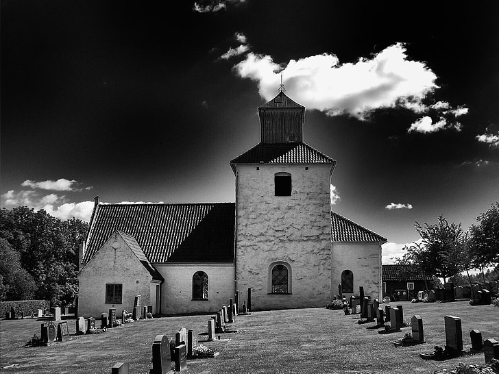Schweden, Kirche, Gebäude, Architektur, Himmel, Wolken, schwarz / weiß
