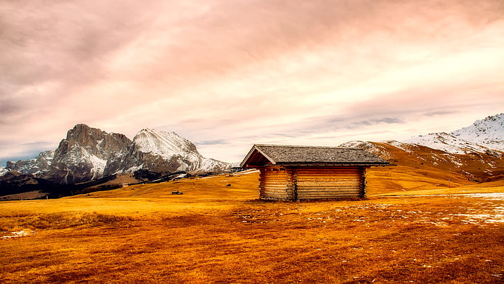panorama, mountains, snow, meadow, log cabin, shelter, house