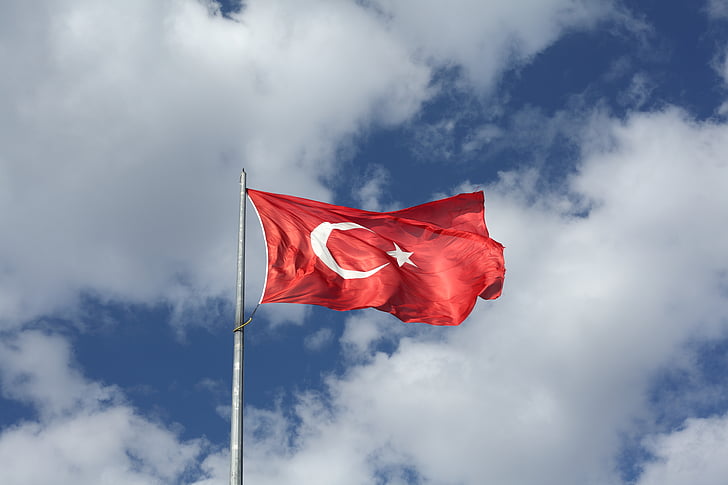 vlag, Turks, Turkije, rood, blauw, hemel, Wind