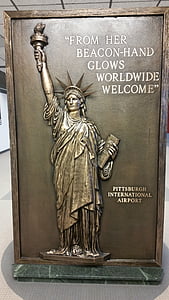 pittsburgh, airport, pennsylvania, usa, welcome board, statue of liberty