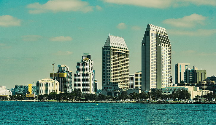 San diego, město, pobřeží, Panorama, mrakodrap, budovy, městský