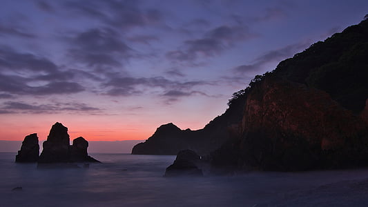 beach, dawn, dusk, ocean, outdoors, rocks, sea