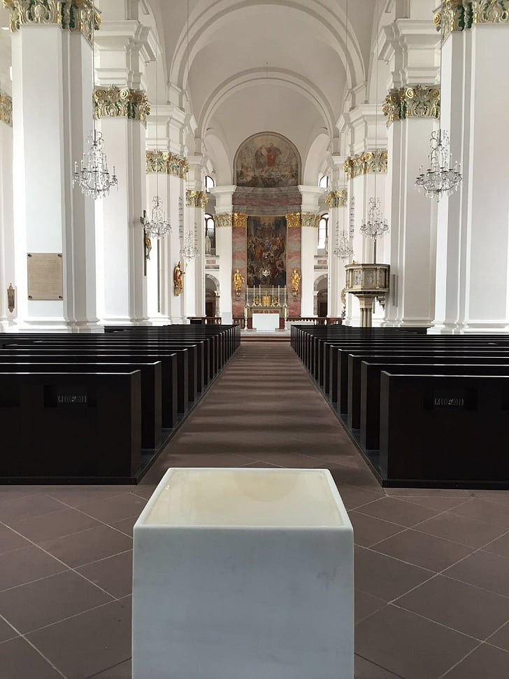 jesuit church, heidelberg, church, white, gold, church pews