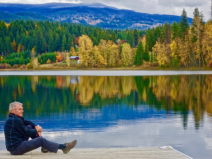 седи, спокойно, релаксираща, отражение, езеро, дървета, спокойствие