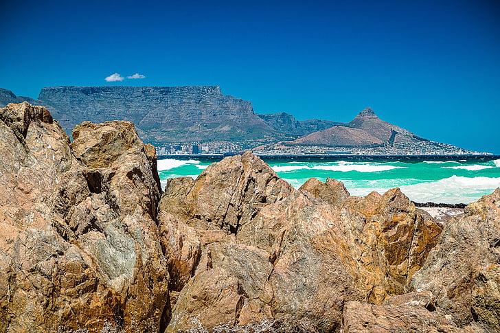 blauer Himmel, Kapstadt, Plateau, Tafelberg, Panorama, Wahrzeichen, touristische Attraktion