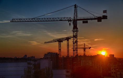 staden, webbplats, Crane, solnedgång, ljus, kvällen, byggbranschen
