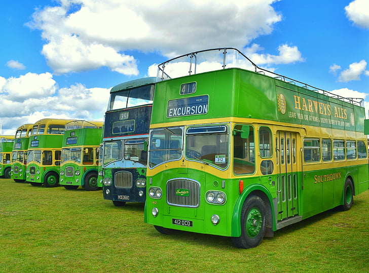 buszok, retro, régi, Portsmouth, Egyesült Királyság, zöld, Sky