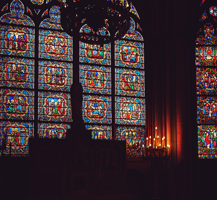 notre dame cathedral, paris, france, stained glass windows, candles, dark, religion