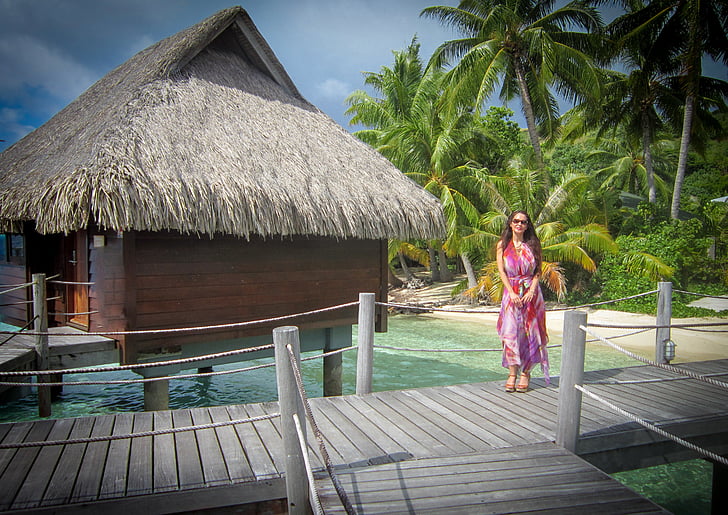 Bora bora, over vann bungalow, øya, Sør-Stillehavet, kvinne, stående, Tropical