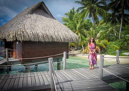 Bora bora, over vann bungalow, øya, Sør-Stillehavet, kvinne, stående, Tropical