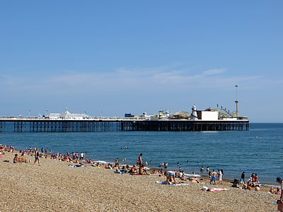 Brighton, prieplaukos, paplūdimys, Anglijoje, Sussex, jūra, dangus