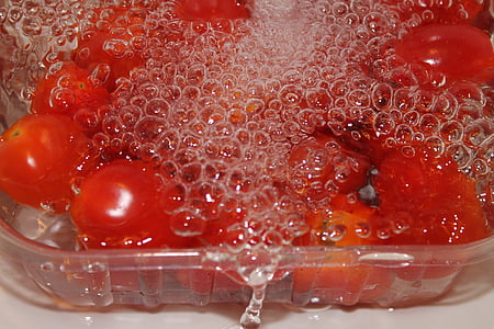 slag, vand, luftbobler, tomater, boble, rød